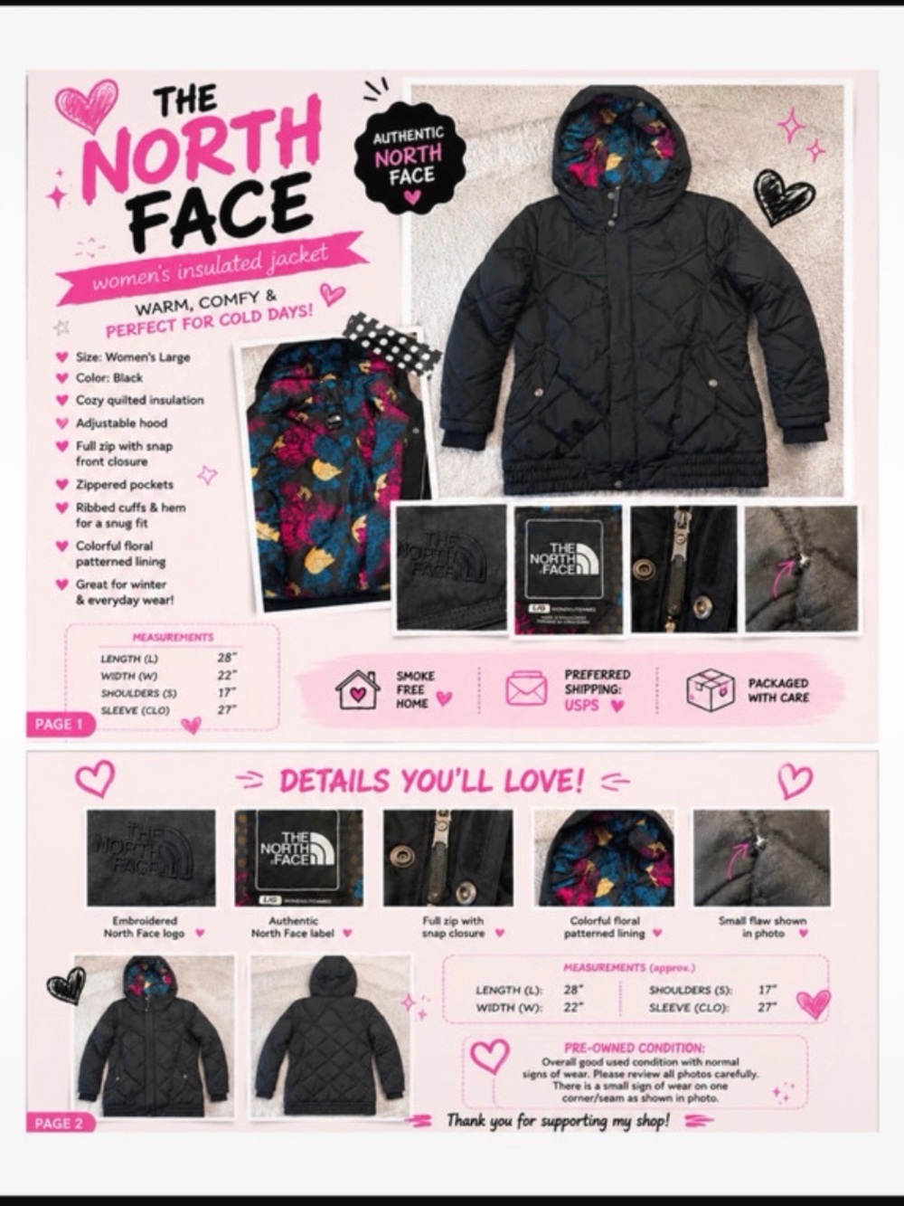 The North Face Black Puffer Jacket with Colorful Floral Lining